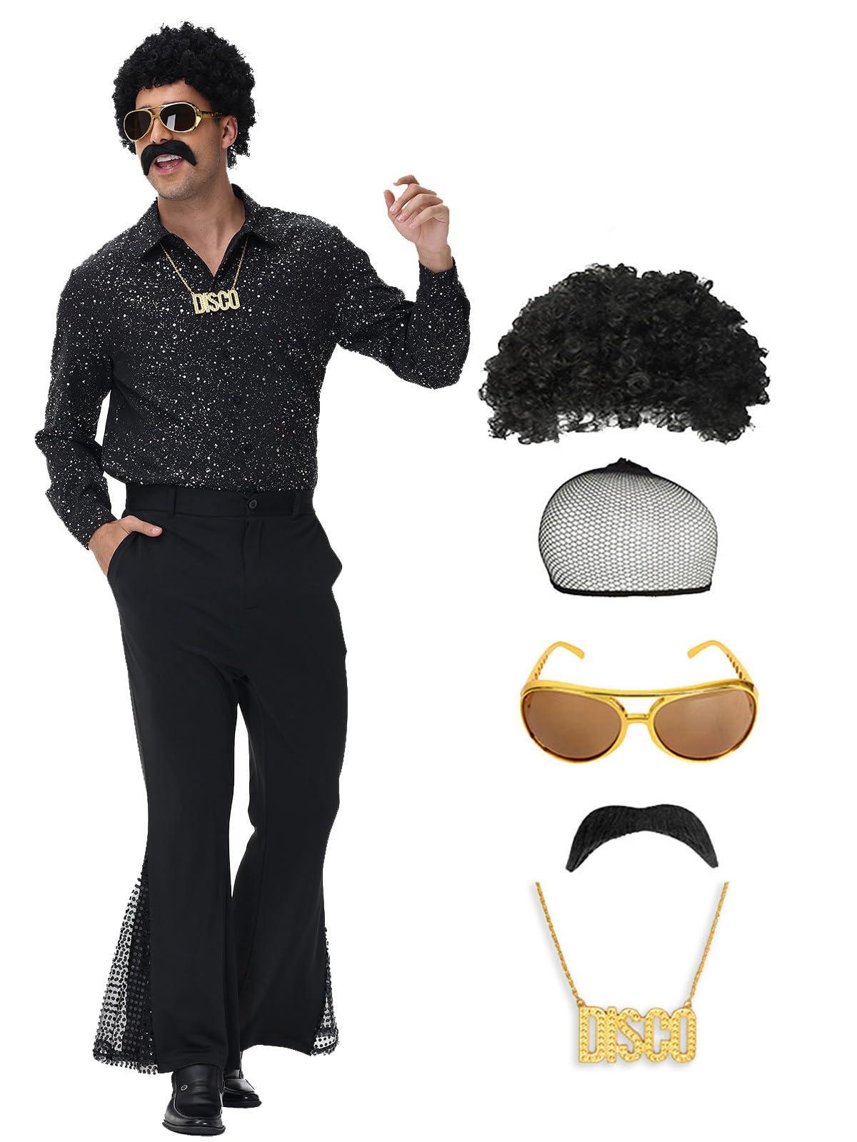 70s Outfits for Men, 7Pcs Disco Costume Include Retro Shirt Bell Bottom Pants Wig Sunglasses Necklace Wig Cap for Disco Party