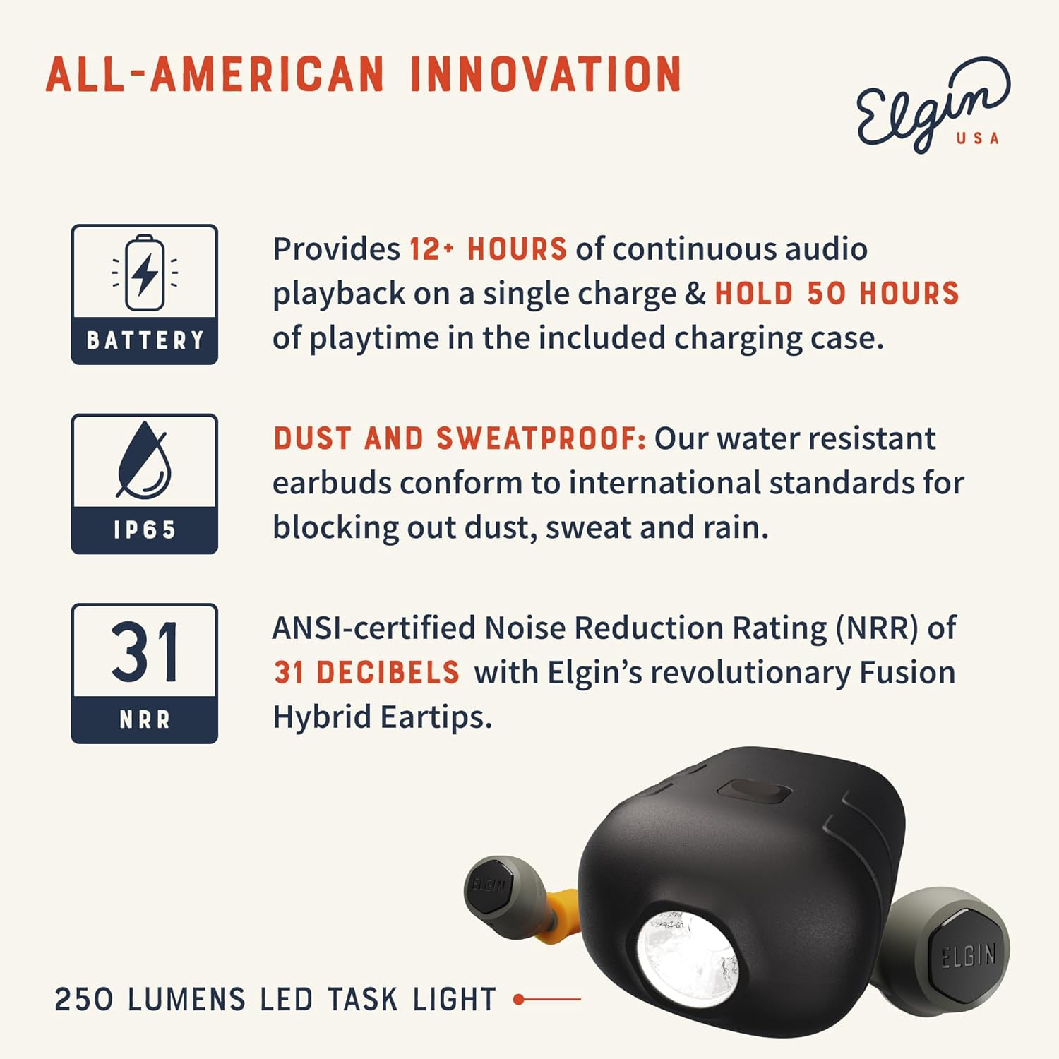Elgin Rebel True Wireless Earbuds, 31 dB Noise Reduction Bluetooth Headphone, Noise Isolating Mic, 12+ Hour Battery Life, IP65 Water Resistant, OSHA Compliant Hearing Protection for Work
