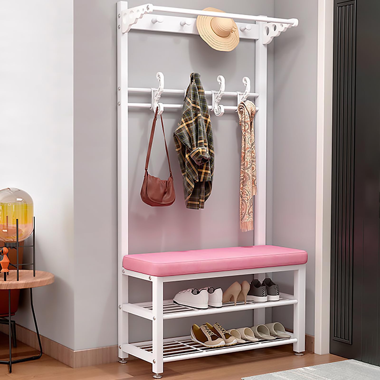 MYUYEE Coat Rack Hall Tree With Shoe Bench For Entryway, Metal Coat Stand With Hooks Clothes Hat Rack Shelf Metal Frame For Bedroom Living Room Hallway(White-24In)