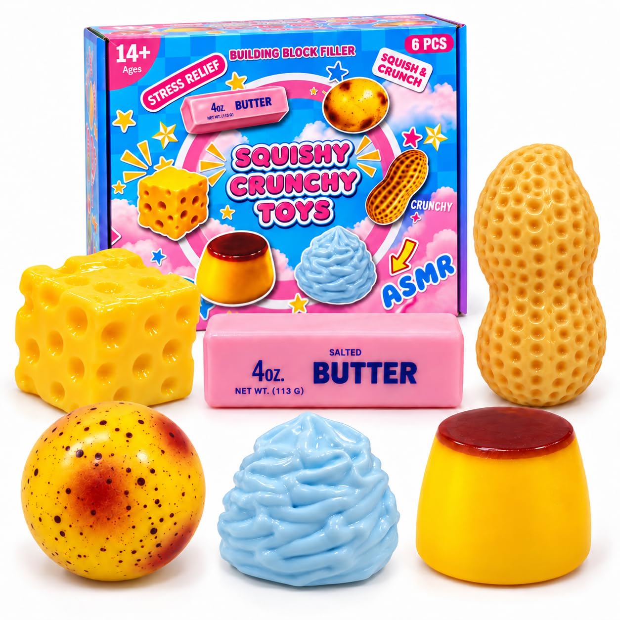 6PCS Crunchy Squishy Fun Box, Realistic Food Shaped ASMR Peanut Butter Squishy Set, Crunchy Squishies Squeeze Cheese for Stress Relief, Novelty Sensory Gift for Adults (B)