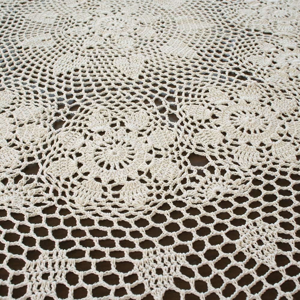 USTIDE Handmade Crochet Round Tablecloth 60-inch Beige Lace Table Overlays Floral Table Covers for Bedroom Kitchen Coffee Dining