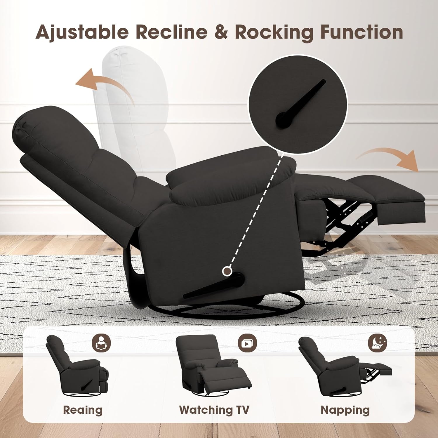 Couchus Large Swivel Rocker Recliner Chair, Glider Rocker Recliner, Lazy Recliner Chair with High Back, for Living Room (Dark Grey)