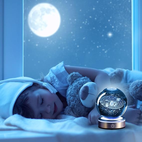 3D Planet Crystal Ball 3D Crystal Ball Night Light 3D Solar System Crystal Ball with LED Colourful Night Light Base USB Data Cable Astronomy Gifts Planet Model for Desk Decoration