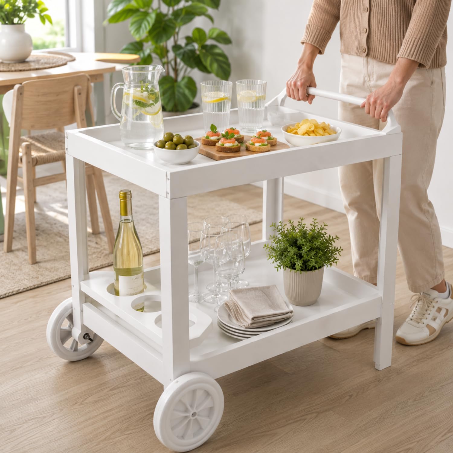PALUPLUS Carrello Portavivande Esterno Bianco 53x74x73 cm 2 Ripiani Portabottiglie 5 Posti Made Italy