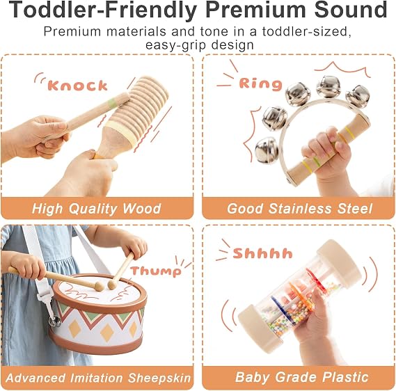 Wooden Musical Instruments for Kids, 10-in-1 Montessori Set | With drum, rainmaker and sensory instruments in natural Morandi tones; for boys and girls ages 1–3 and birthday gifts.