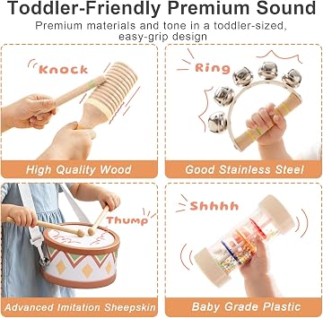 Wooden Musical Instruments for Kids, 10-in-1 Montessori Set | With drum, rainmaker and sensory instruments in natural Morandi tones; for boys and girls ages 1–3 and birthday gifts.