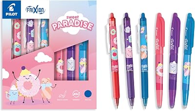 PILOT – Sammlerbox 3 FriXion Ball + 3 FriXion Ball Clicker – Radierbare Stifte – Limited Edition Sweet Paradise – Nachfüllbare – Türkisblau, Korallenrosa, Violett – Blaue Tinte – Mittlere Spitze
