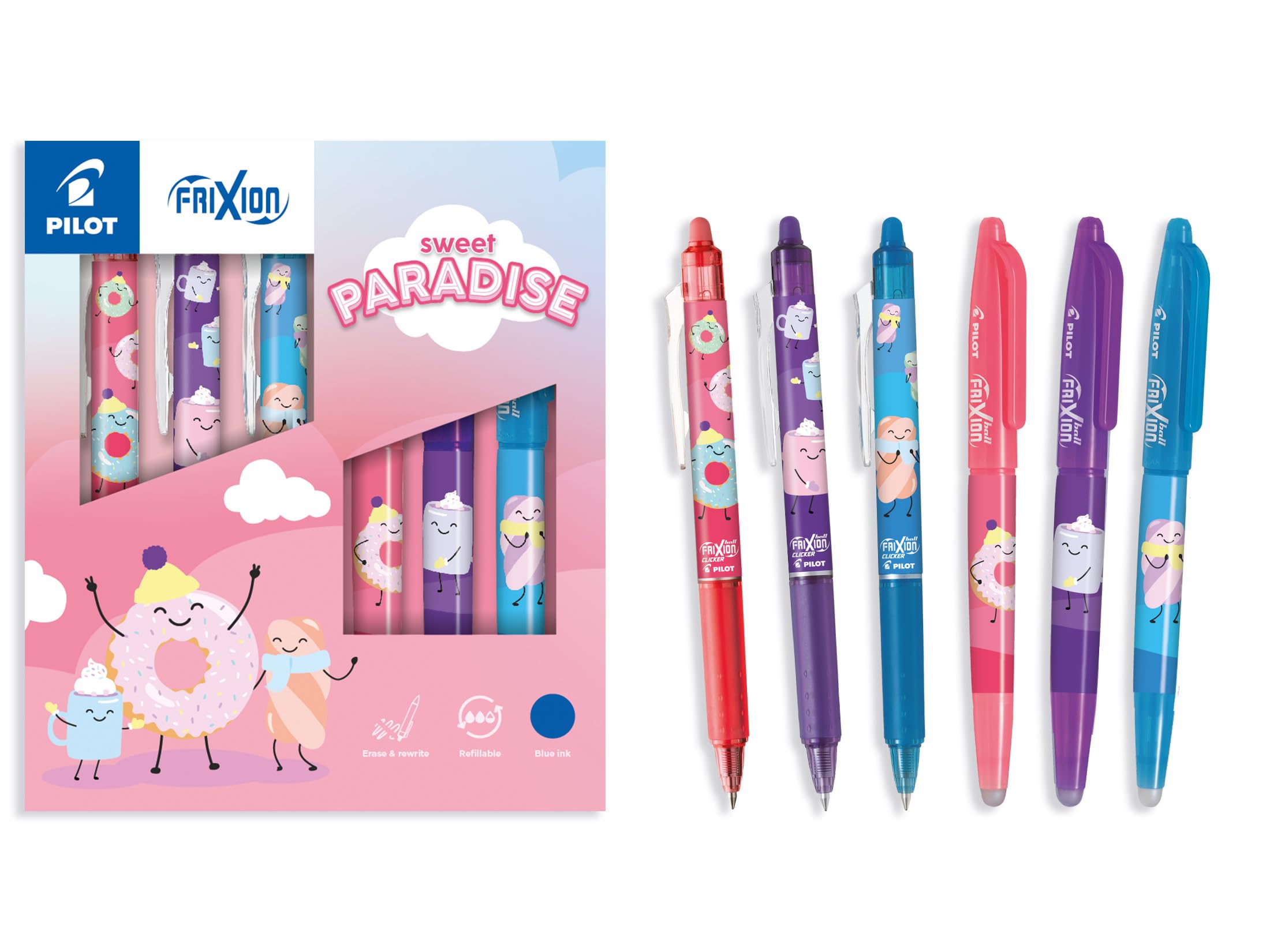 PILOT - Estuche Coleccionista de 3 FriXion Ball + 3 FriXion Ball Clicker - Bolígrafos Borrables - Edición Limitada Sweet Paradise - Recargables - Tinta Azul - Punta Media