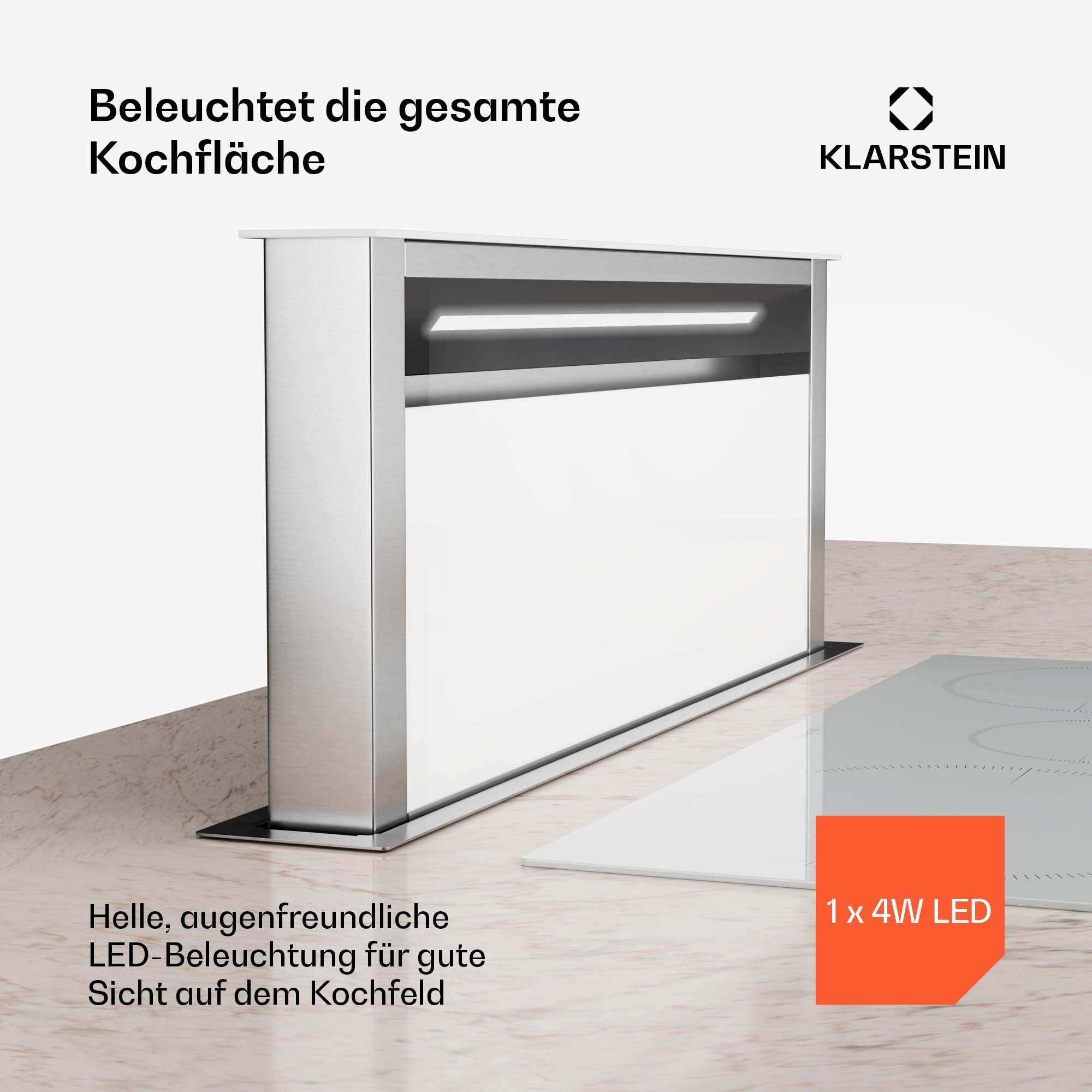 Klarstein Royal Flush Eco Downdraft Dunstabzugshaube - A++ Energieeffizient, 720 m³/h Abluft, Touch-Bedienfeld, LED-Beleuchtung, Edelstahl & Glas, 52 dB Geräuschpegel