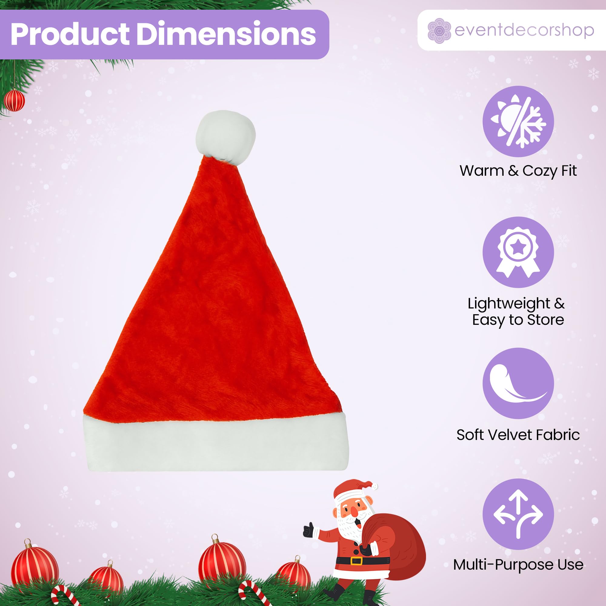 Event Decor Shop 100 sombreros de Papá Noel para adultos y niños, sombreros clásicos de Navidad de terciopelo rojo, accesorios de disfraz de fiesta de Navidad de felpa suave, decoraciones a granel de