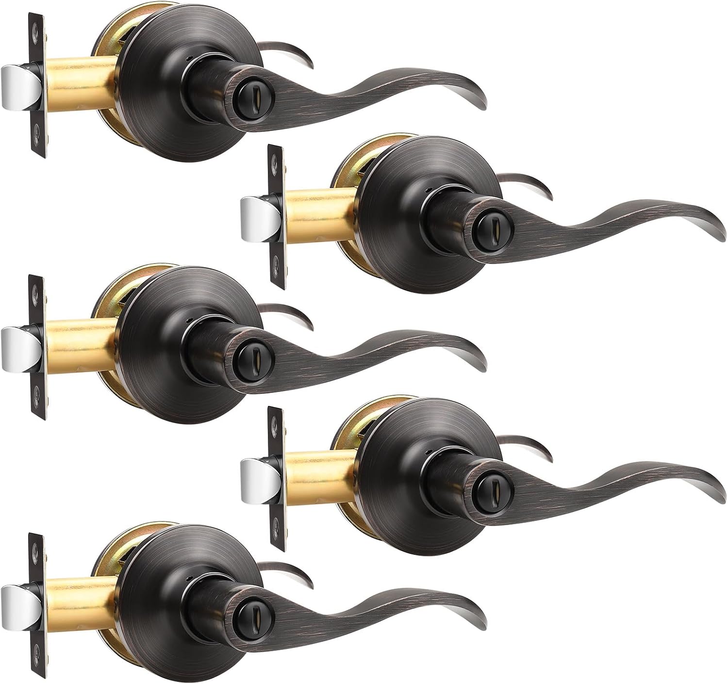 GOBEKOR 5 Pack Privacy Door Levers - Oil Rubbed Bronze Lever Door Handles with Lock for Bedroom & Bathroom