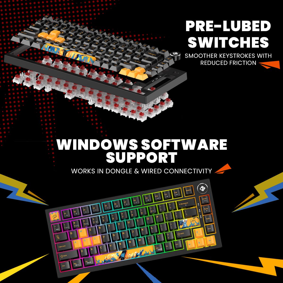 Cosmic Byte Phantom TKL Tri- Mode 2.4GHz + Bluetooth + Wired 5-PIN Hot Swap Mechanical Keyboard | PBT Keycaps | 5-Layer Gasket Mount | Pre-Lubed Outemu Red Switches | RGB | Software (Black) — Amazon image 7