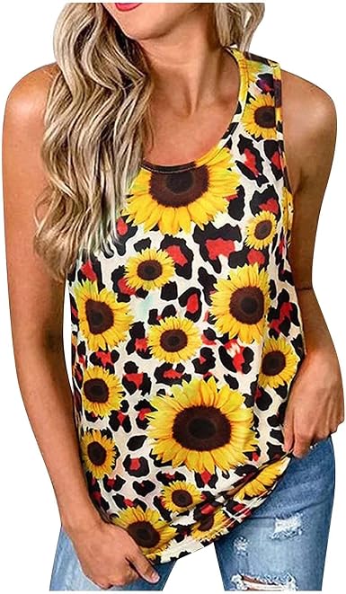 Amazon.com: Blusa de mujer con cuello redondo, sin mangas, estampado de  girasol, suelta, casual, a cuadros : Ropa, Zapatos y Joyería