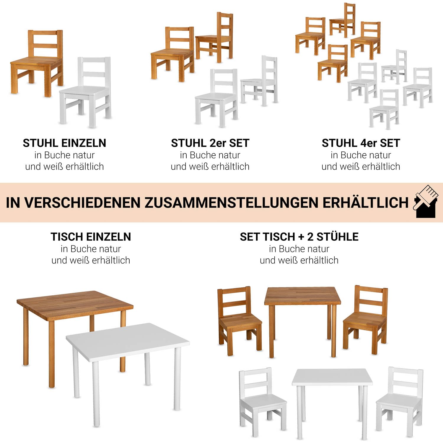 Staboos 2er Set Kinderstuhl aus massivem Buchenholz - Bio geölte Vollholz Stühlchen - Montierter Stuhl für Kinderzimmer - Stuhl für Kinder ohne scharfe Kante - Natur Bio geölt