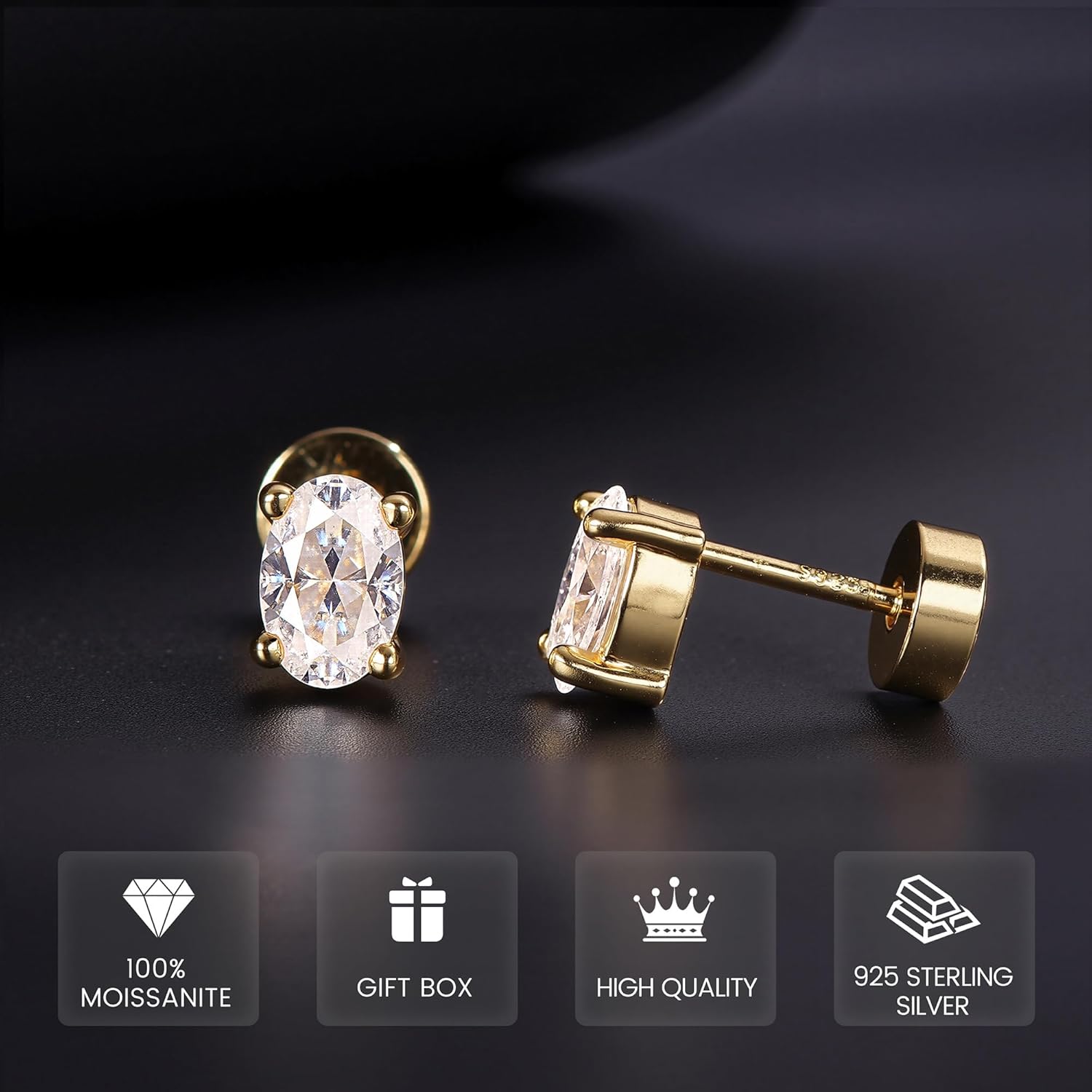 Moissanite Earrings Studs Flat Back Earrings Hypoallergenic - 14K Gold Plated Sterling Silver Earring for Women Men Small Dainty Cartilage Helix Piercing Jewelry D Color VVS1 - Image 2