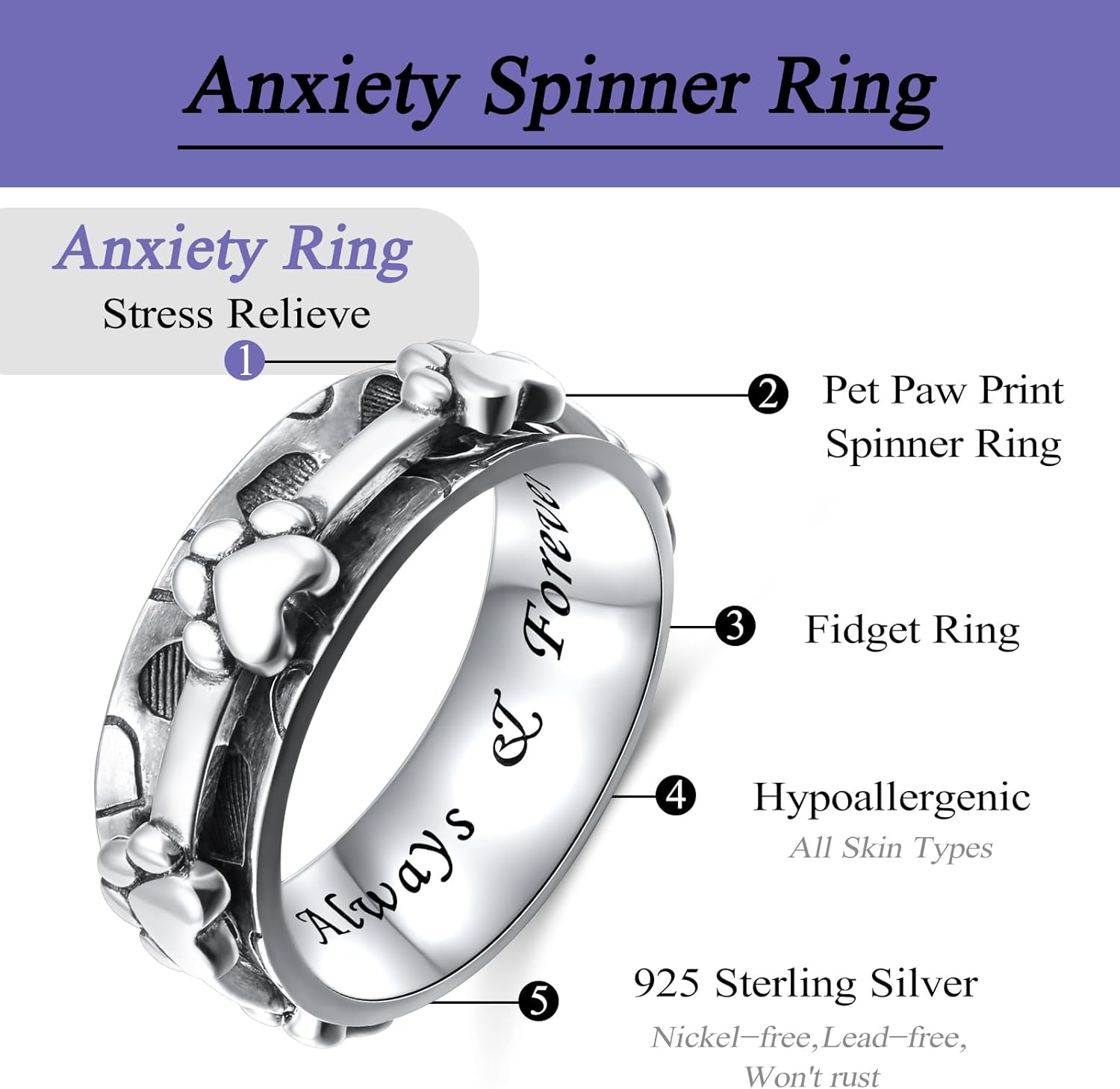 Ladytree Spinner Fidget Anxiety Ring,925 Sterling Silver Stress Relief Worry Ring,Platinum Plated ADHD Autism Jewelry,Birthday Mom Gift for Women