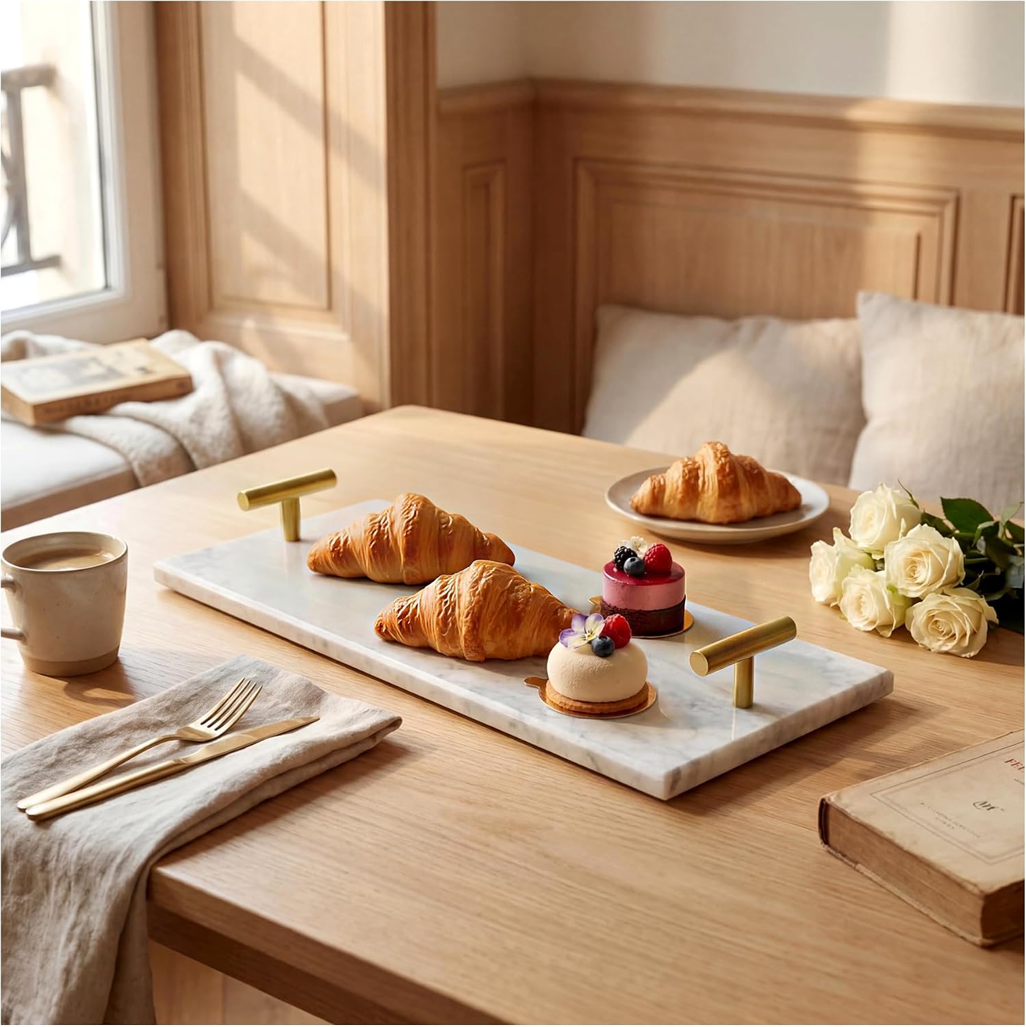 Marble Napkin Holder - Bathroom Napkin Holder - Marble Bathroom Tray - Guest Towel Holder with Gold Handles for Disposable Hand Paper (White)