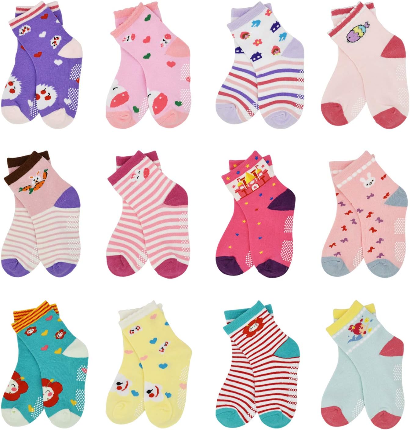 12 Pairs Kids Non Slip Skid Socks Grips Sticky Slippery Cotton Crew Socks For 1-3/3-5/5-7 Years Old Children Youth Boy Girl