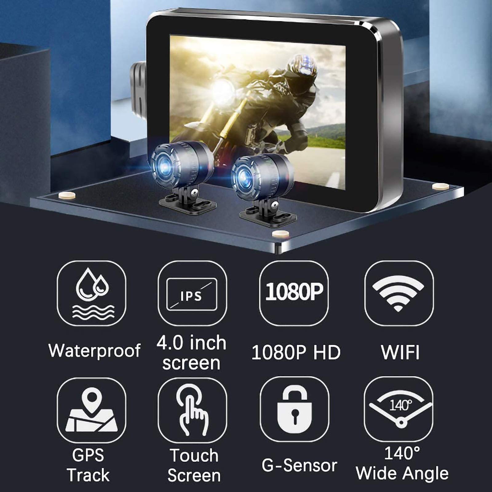 Motorcycle WiFi Dash Cam con pantalla táctil de 4 pulgadas, cámara de lente dual 1080P, grabadora de video de ciclo exterior con rastreador GPS, controlador de alambre, sensor G, grabación de bucle
