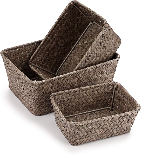 IGNPION Set of 3 Seagrass Storage Basket Woven Seagrass Desktop Basket Rectangular Organiser Box Shelves & Desks Decorative Basket for Sundries Stationery Toys Cosmetics Books, Small Coffee