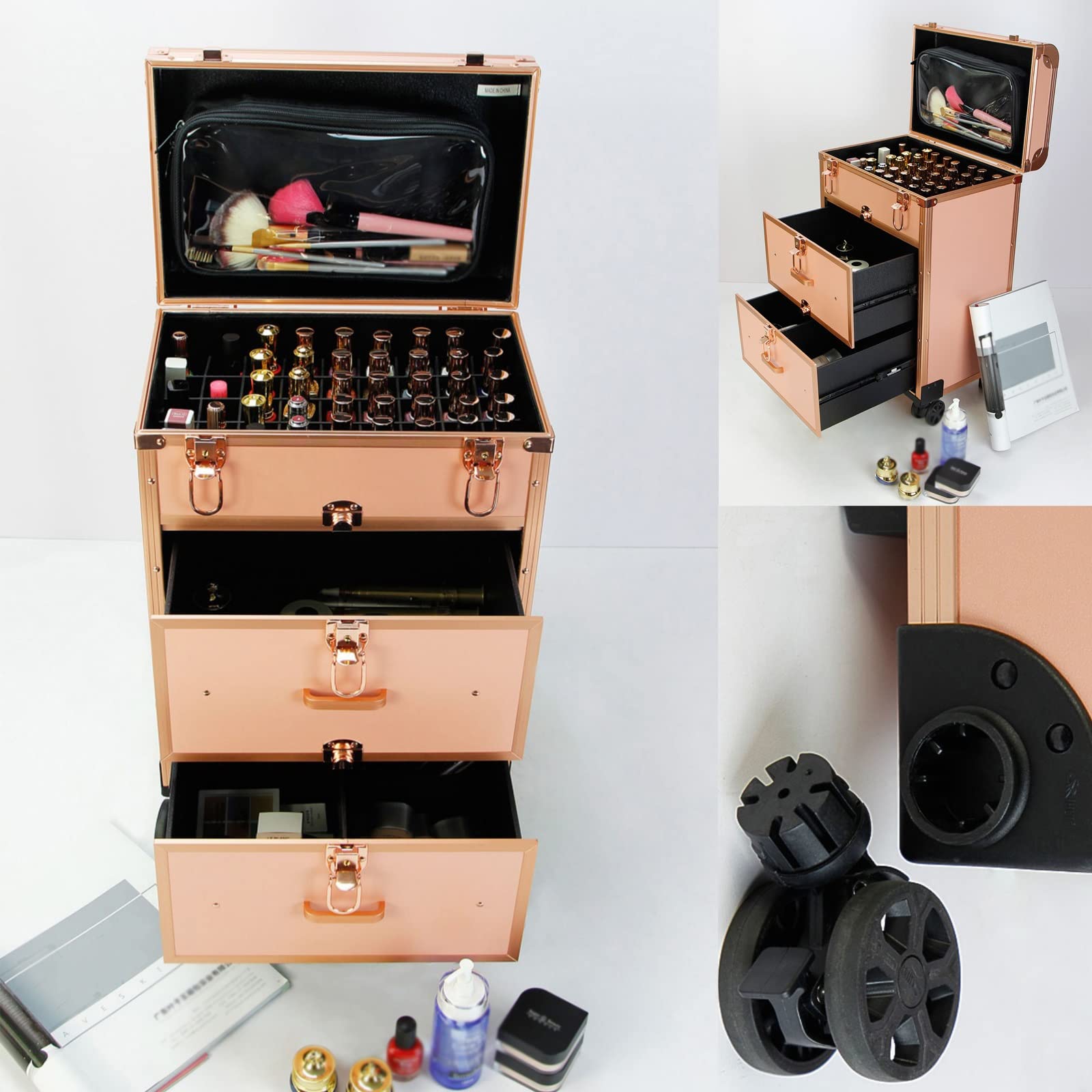 Aluminium-Make-up-Koffer, Beauty-Make-up-Zug-Koffer, Reise-Trolley, Kosmetiktasche, rollender Organizer, Kosmetikbox, rollender Make-up-Koffer, Reise-Zug-Koffer mit Rollen, Kosmetik-Trolley,