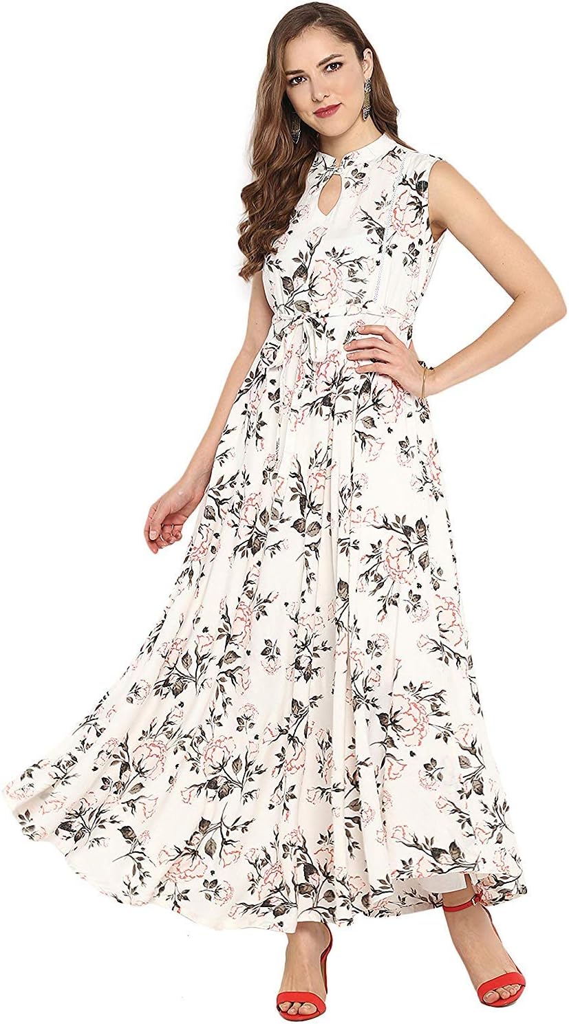 JanasyaWomen's Rayon Floral Print Flared Gown