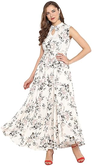 Janasya Womens Rayon Floral Print Flared Gown