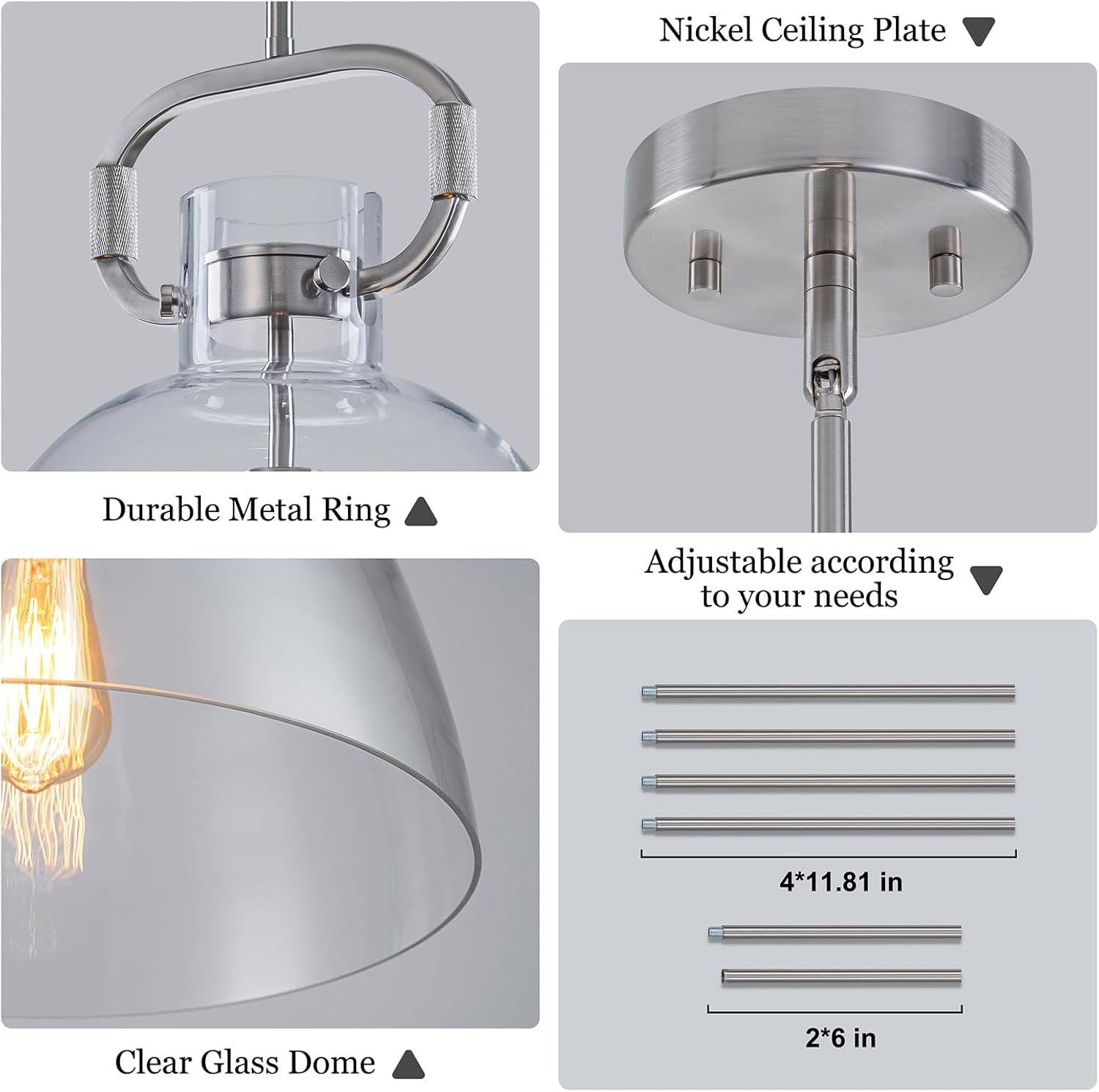 Large Pendant Lights Kitchen Island, 14'' Brushed Nickel Pendant Lights Fixture with Clear Glass Shade, 1-Light Modern Glass Kitchen Island Lighting for Dining Room Bedroom Over Table, E26