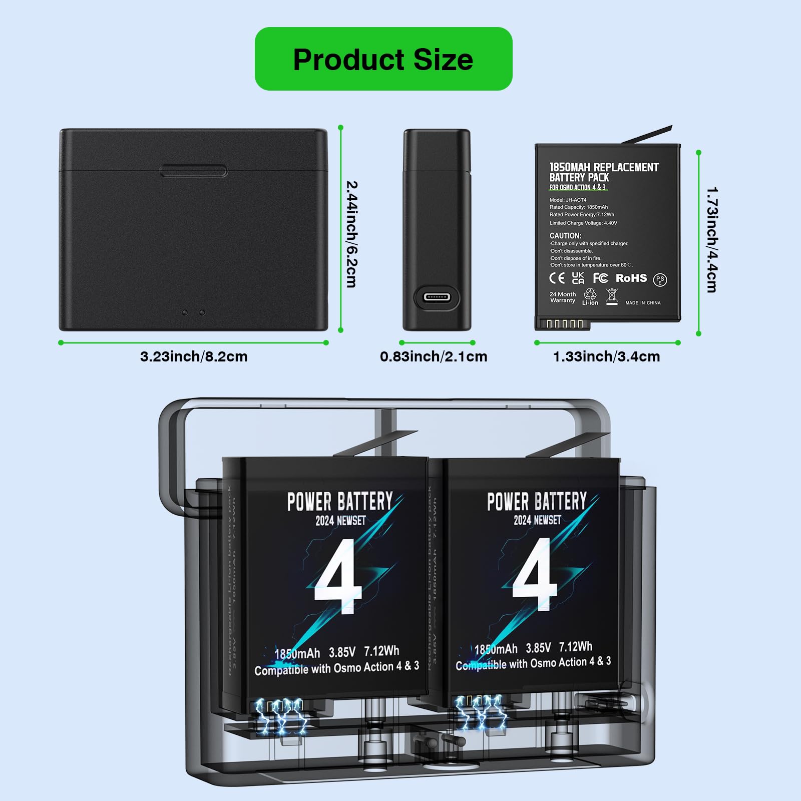 Adicop Kit 2 Batteries 1850mAh + Chargeur Compatible DJI Osmo Action 3/4