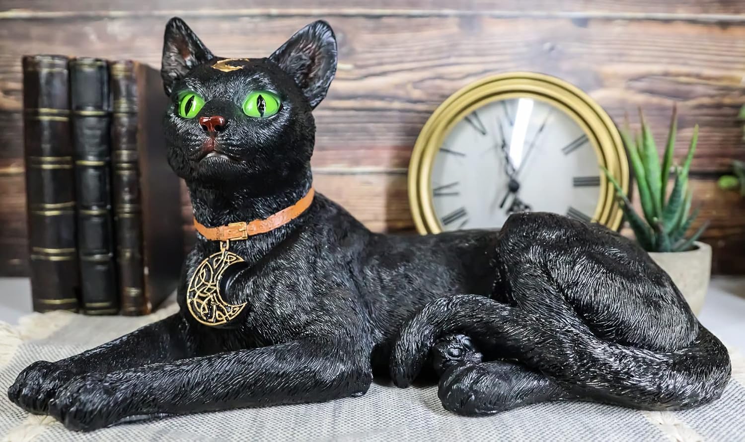 Ebros Gift Witching Hour Wicca Halloween Green Eyed Black Cat with Crescent Moon Necklace Figurine 12" Long Mystical Witches Wicca Occult Feline Cats Kittens Decor Sculpture