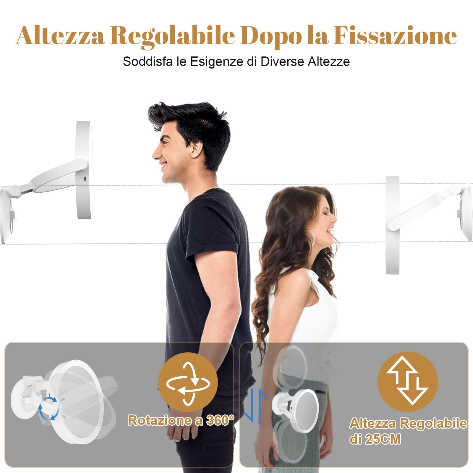 Robofun Specchio da trucco luminoso con ventosa potente, 10x ingrandimento luminoso, specchio d'ingrandimento a luce regolabile in intensità, altezza regolabile 25 cm