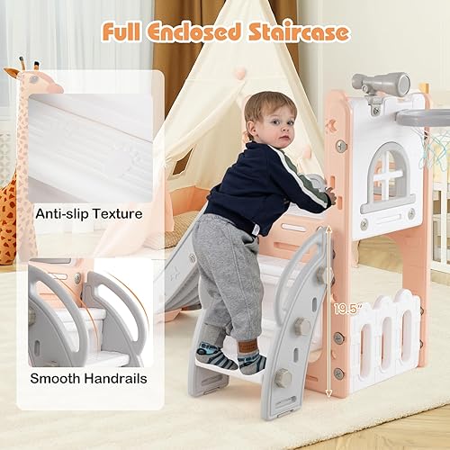 Miniatura 4 de BABY JOY Tobogán para niños pequeños, juego de tobogán 6 en 1 para interiores con aro de baloncesto, telescopio, escalera de escalada y espacio de