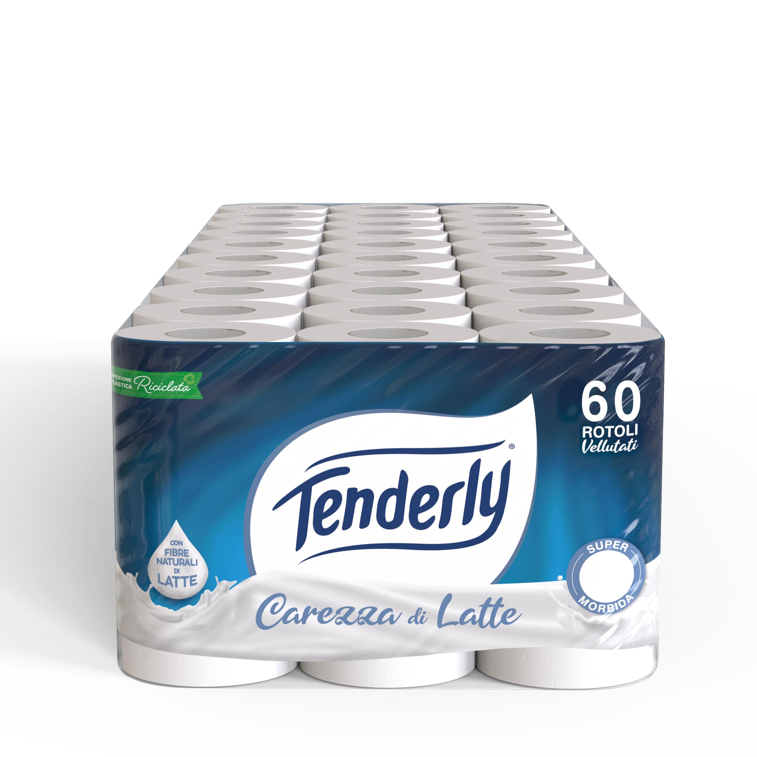 Tenderly Carezza di Latte, 60 Rotoli di Carta Igienica Morbidissima (10 conf da 6 rotoli), 2 Veli, 250* Strappi per Rotolo, Realizzata con Fibre 100% Naturali di Latte, Made in Italy