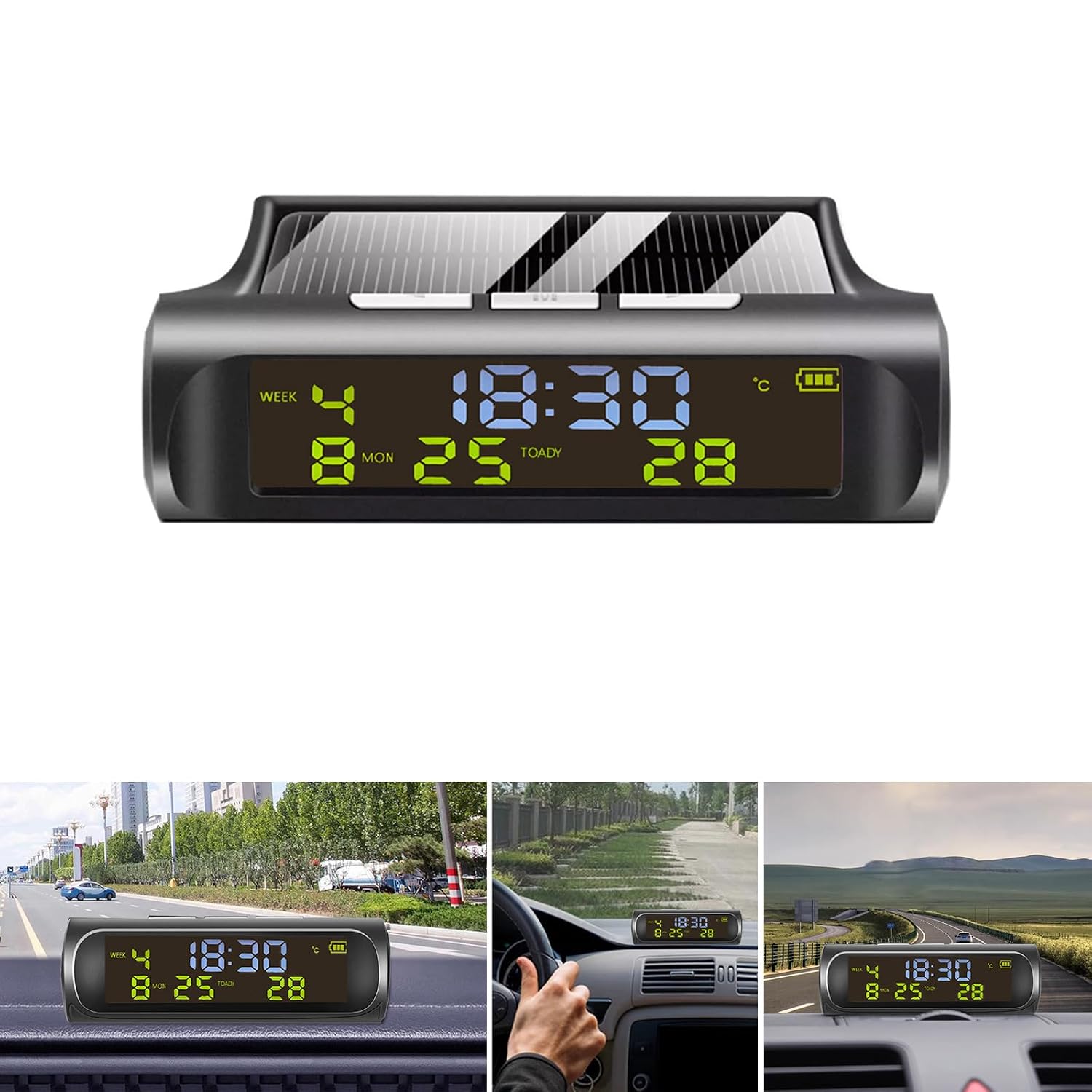 Car Electronic Clock Solar Powered Digital Clock with Week Month Calendar Time Temperature Display Auto Clock Long Battery Life