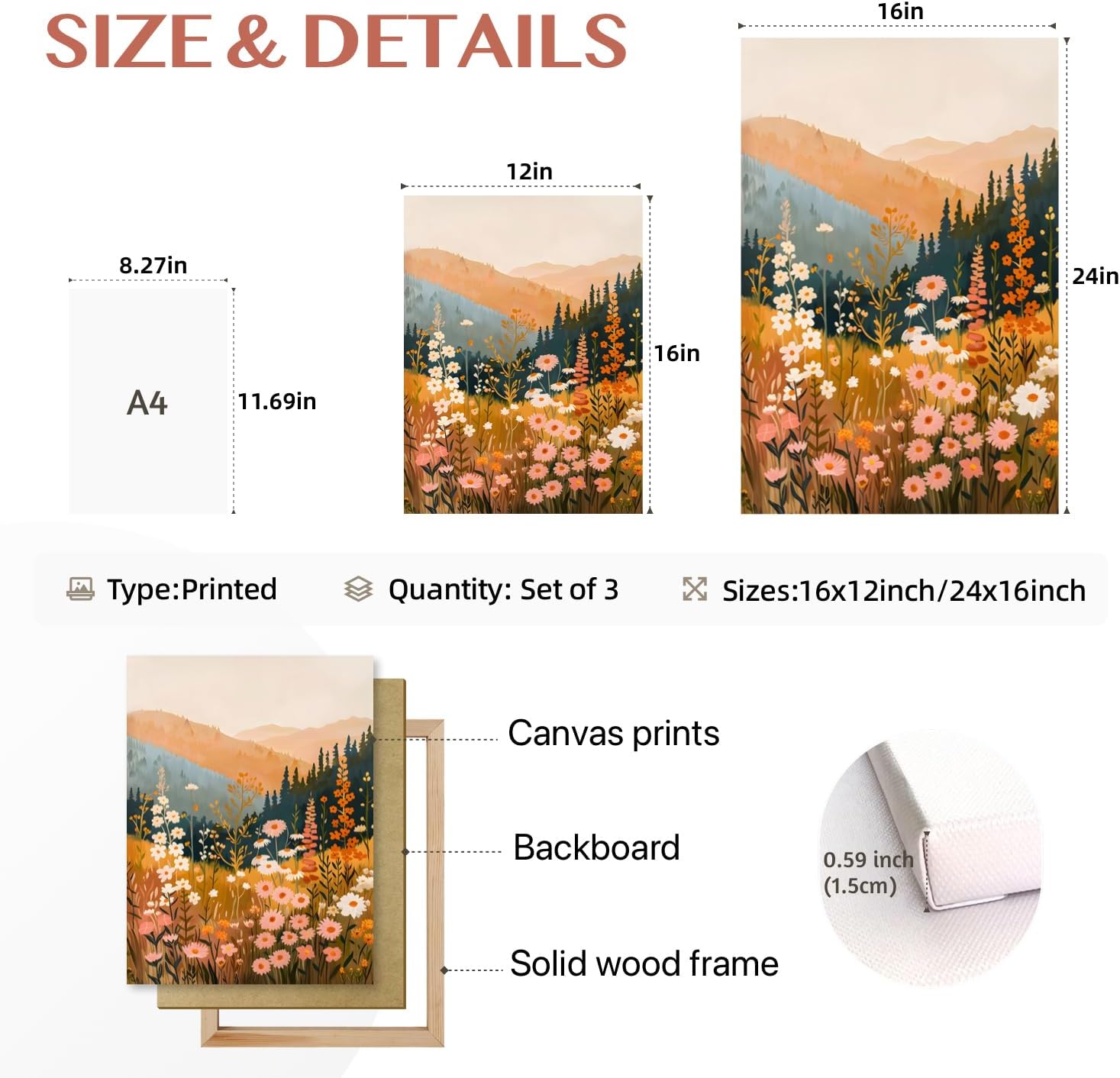 Cyebmo Framed Mountain Wildflower Wall Art Set of 3, Sunset Mountain Nature Wall Decor, Colorful Floral Landscape Canvas Prints, Rustic Botanical Artwork for Bedroom Living Room Office 12x16 Inch