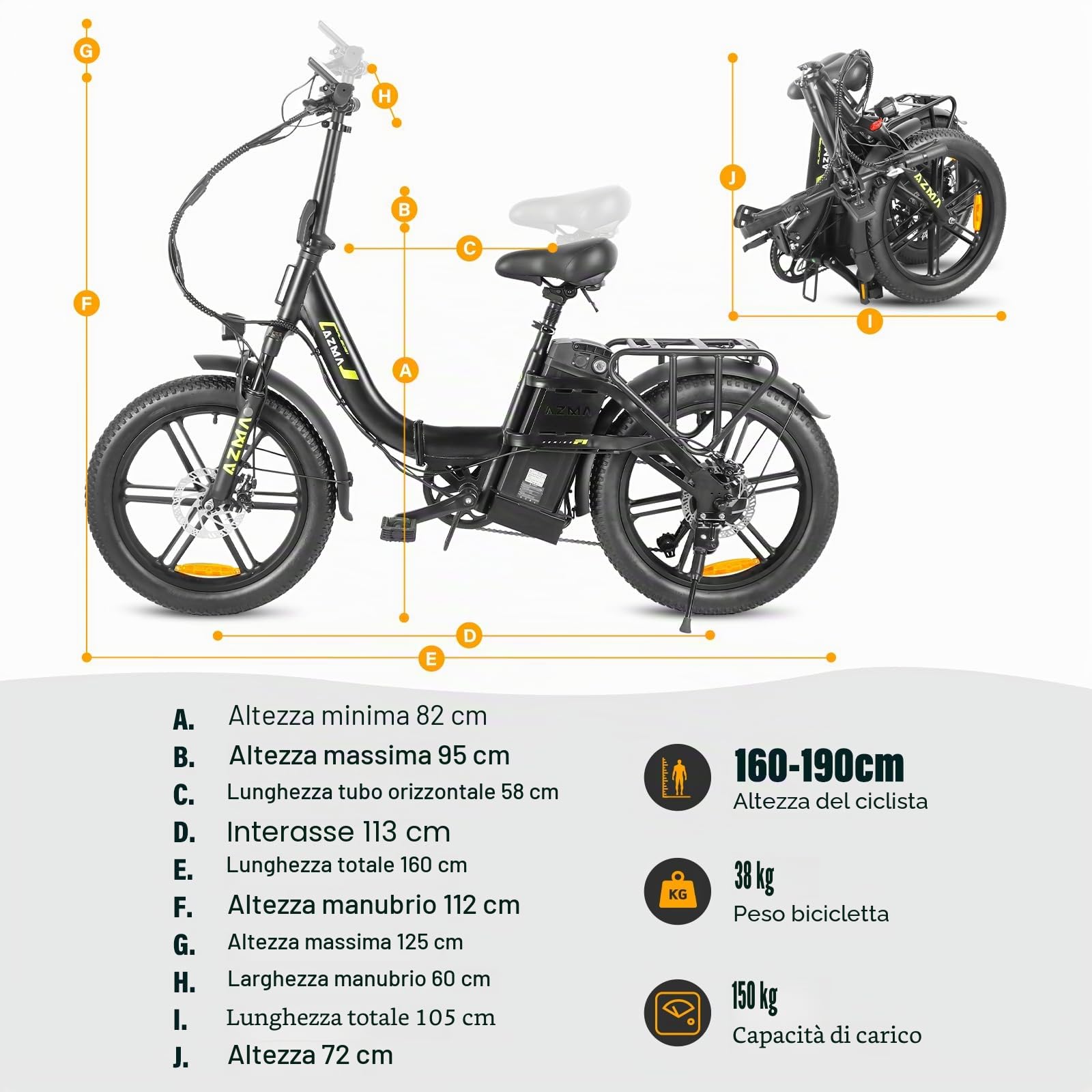 AZMA Bici Elettrica Pieghevole, 20" Bici Elettrica Uomo Donna mit 36V20.8Ah/15Ah Batteria Rimovibile, Autonomia 100-150, 7 Velocità Ebike per Pendolari Urbani e MTB