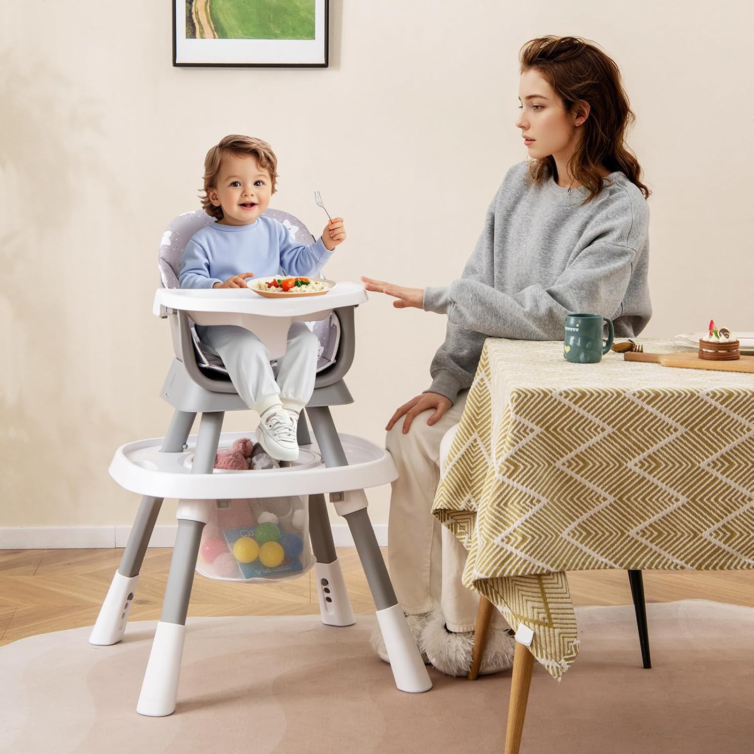 HONEY JOY 16-in-1 Baby High Chair, Convertible Highchair for Babies and Toddlers/Booster Seat/Activity Center with Toys, Building Block Table & Stool, Safety Harness, Removable Cushion & Tray (Gray)