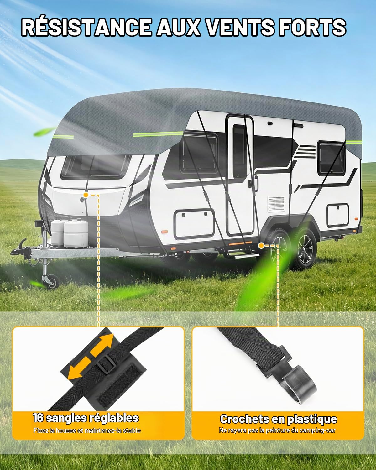 6,5x3m Housse Caravane Imperméable Bache Toit Camping-Car Bache de Toit pour Caravane Protection UV avec Bandes Réfléchissantes et Sac de Rangement Tissu Non Tissé