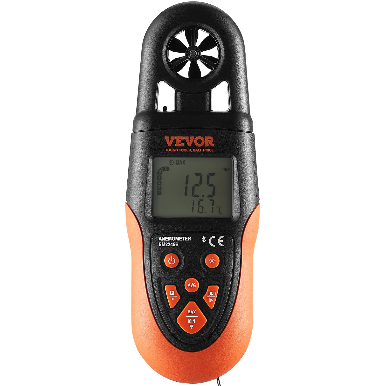 VEVOR Anémomètre Portable -10 ℃ à 60 ℃ Mesure Vitesse du Vent, Température du Vent, Flux d'Air, Refroidissement Éolien, Anémomètre Numérique avec Écran Rétroéclairé LED pour Voile Surf Drone Vol CVC