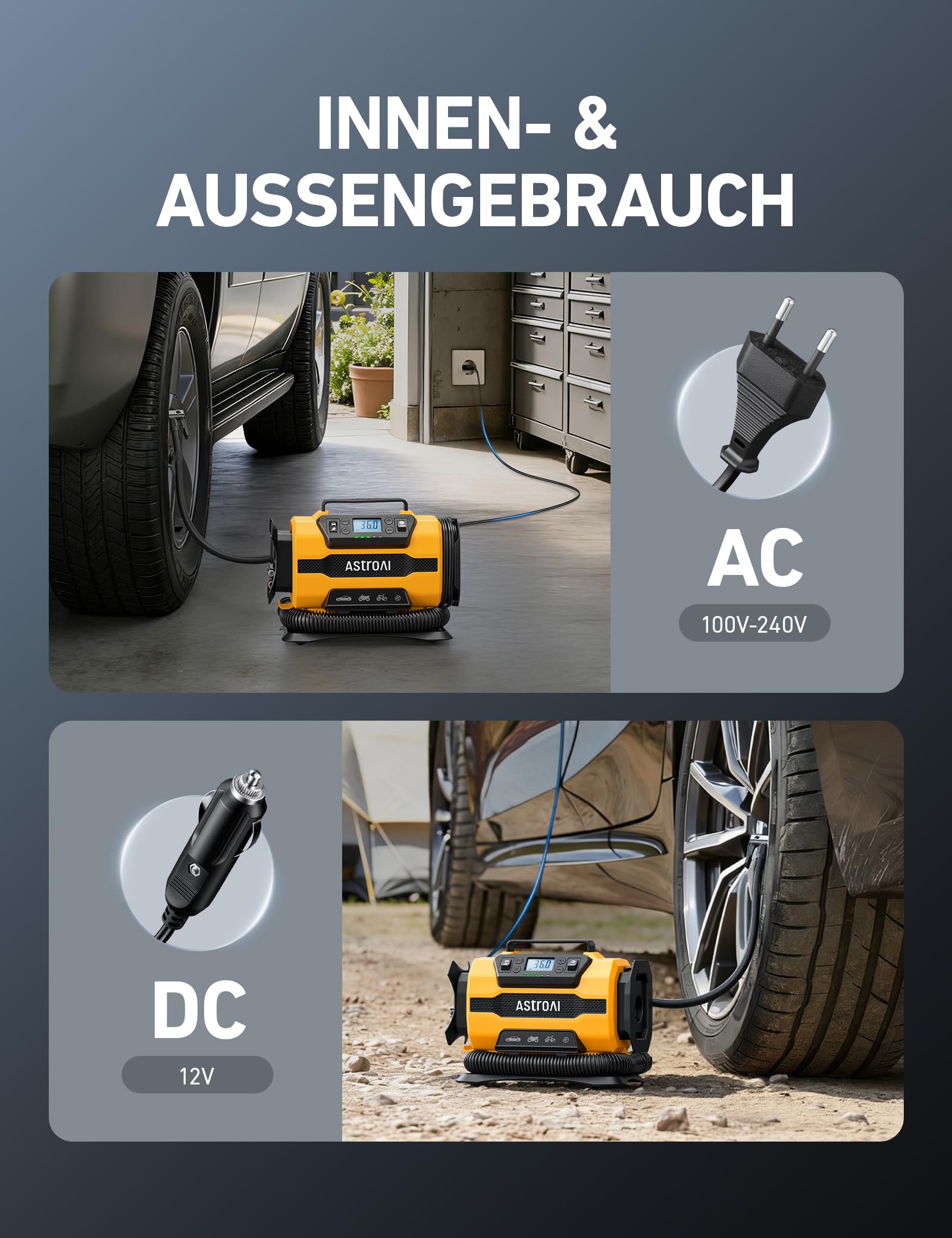 AstroAI Kompressor Auto 12V DC/230V AC Duale Stromquellen, 10,3 bar | Luftmatratzenaufpumpen Max. 350 L/min, Reifenaufpumpen Max. 22 L/min, für Fahrrad,Auto,Schlauchboote,Luftmatratze