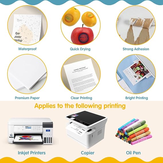 Waterproof Printable Vinyl Stickers Paper for Inkjet Printer- 20 Glossy Sticker Paper White Decal Cricut Sheets A4 - Holds Ink Beautifully & Dries Quickly