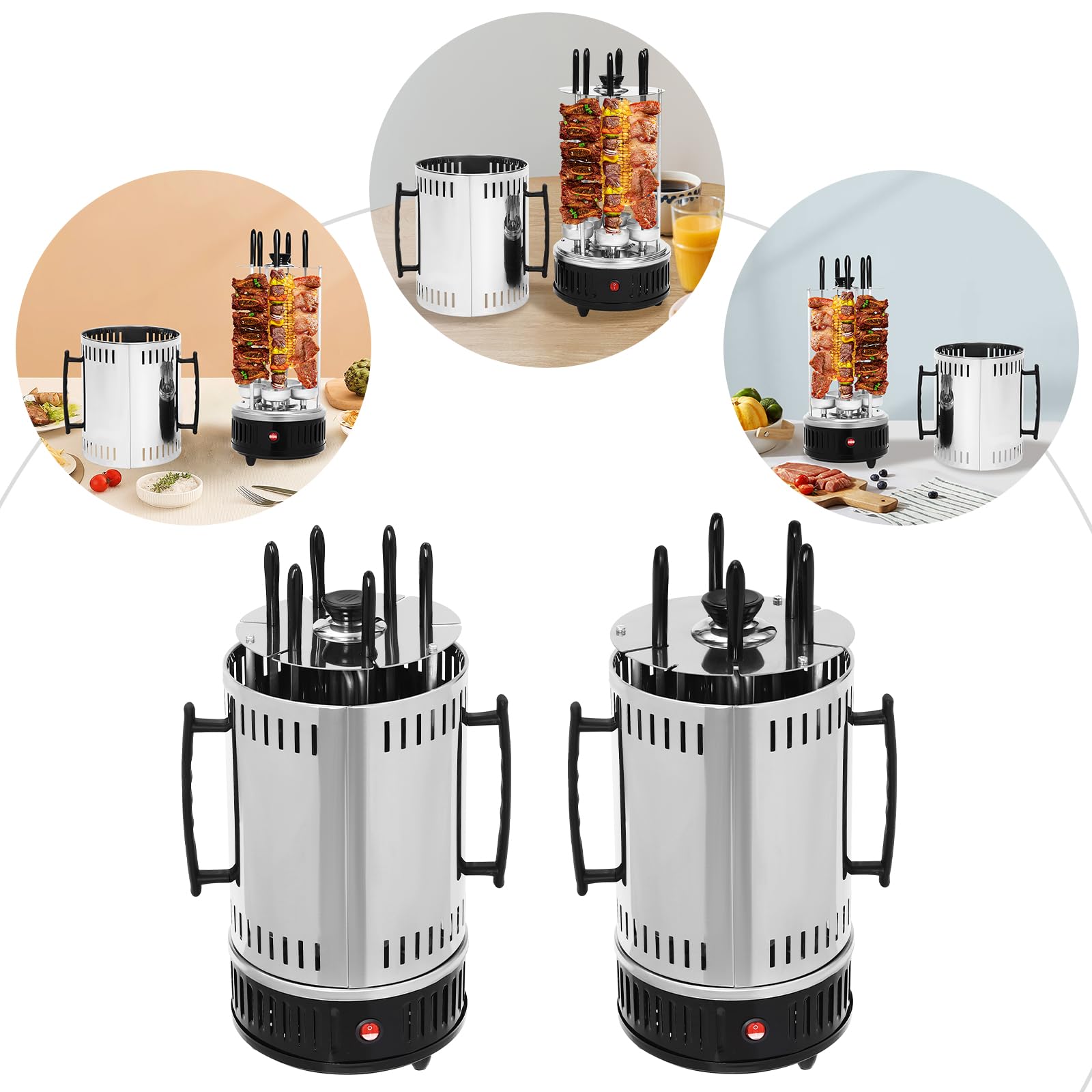 Pionowy grill elektryczny z 5/6 szpikulcami | automatyczna rotisseria 1000 W | niski poziom dymu i zdrowy | na rodzinne posiłki lub do gastronomii | stal nierdzewna | łatwy do czyszczenia