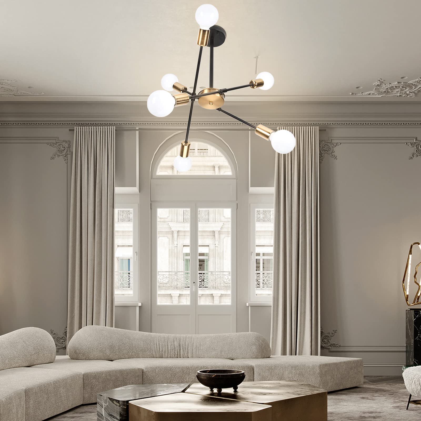 iDEGU Lampadario Soggiorno Moderno, 6 Luci Lampada da Soffitto Regolabile Plafoniera LED Vintage Illuminazione E27 Lampada a Sospensione Industriale per Camera da letto Sala da Pranzo (Nero Oro)
