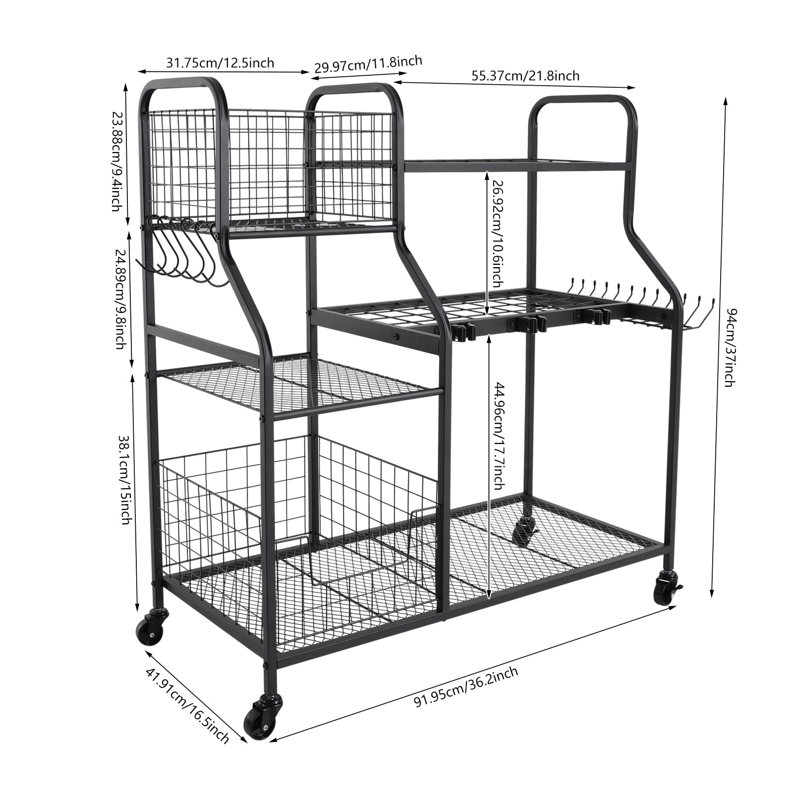 Scaffale per attrezzi da giardino, 36 scomparti, 12 ganci, in acciaio al carbonio, con ruote, portata 40 kg, per giardino, garage, capanno, 91,95 x 41,91 x 94 cm, colore nero
