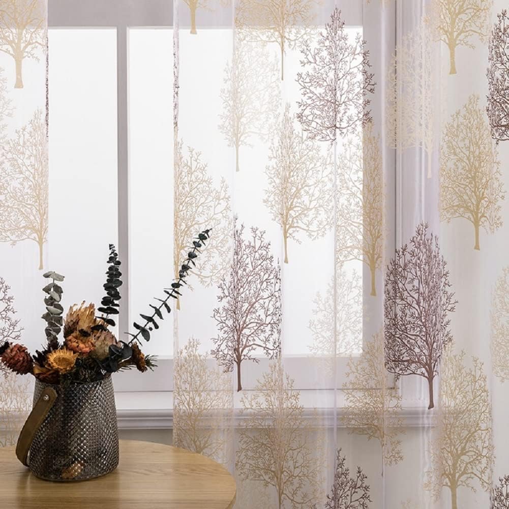 HooHero White New Chinese Style Fabric Towel Coffee Embroidered Semi Transparents Sheer Curtains Rod Pocket Top for Living Room Bedroom