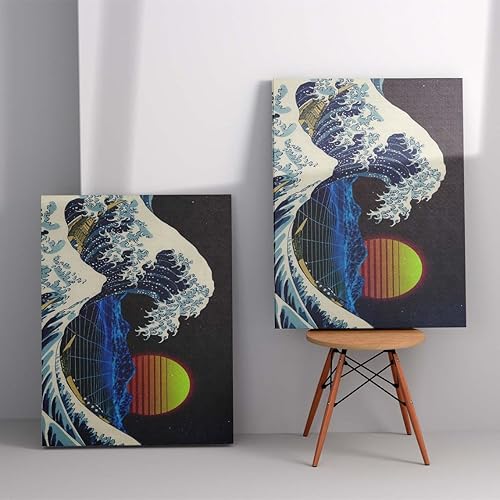 Miniatura 2 de Retro Wave Art, The Great Wave Kanagawa Poster, Synthwave Sunset Canvas
