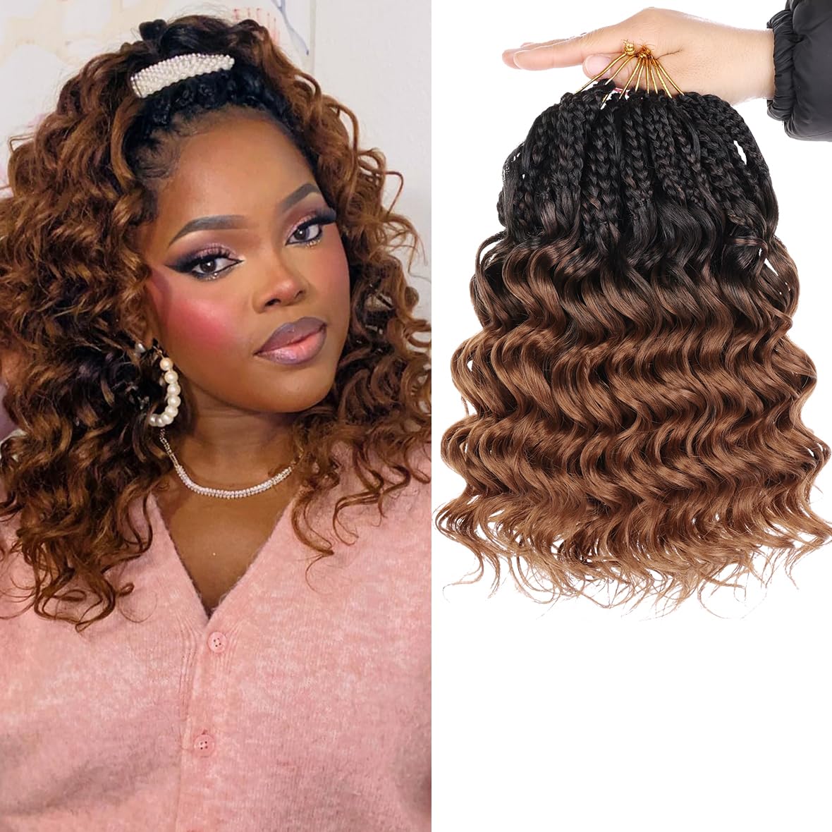 Kachanaa 10 Inch Pre Looped Ocean Wave Crochet Hair 8 Pack Curly Boho Ocean Braids Black to Brown Pre Twisted Synthetic Deep Wavy Twist Hair 1B/30#