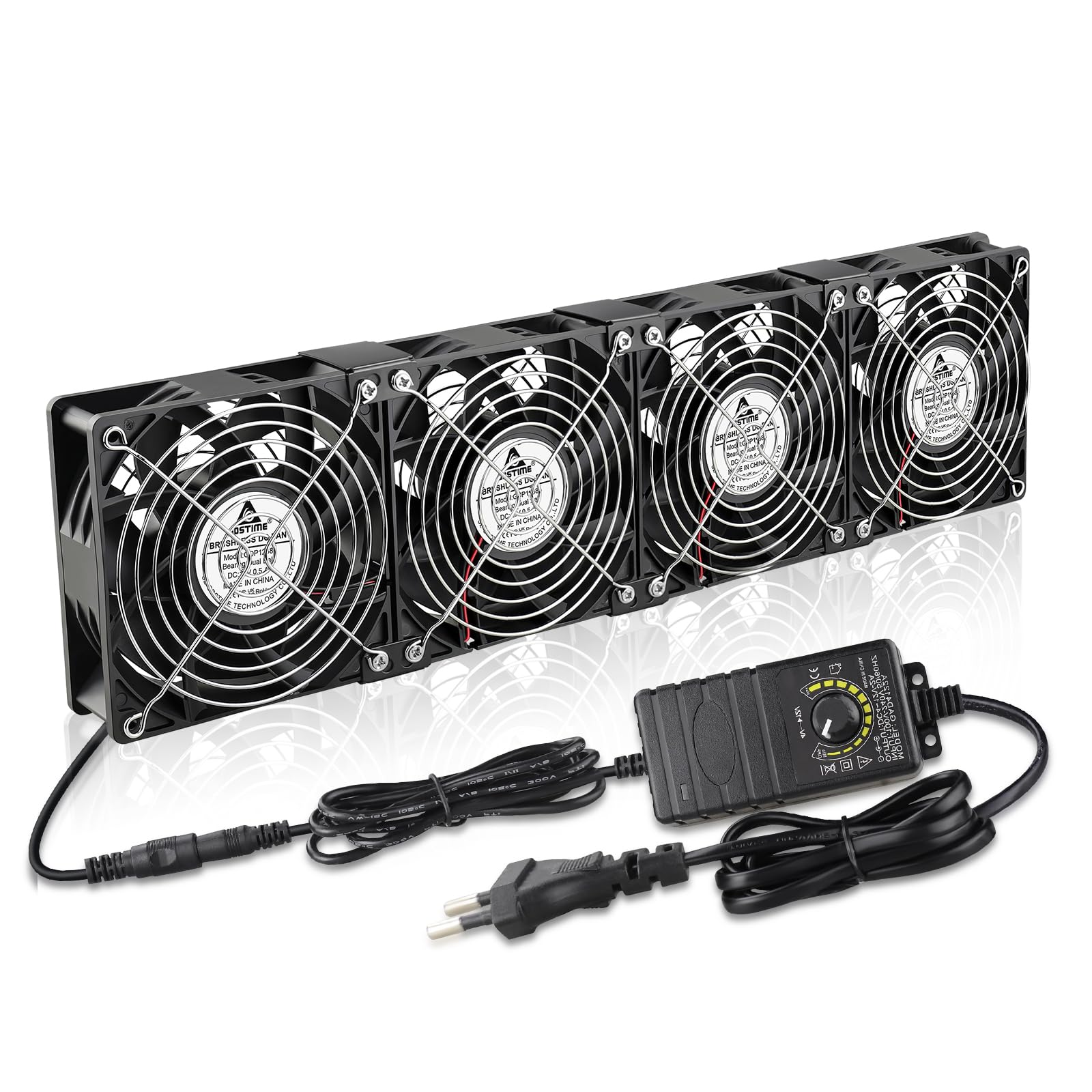 GDSTIME Lot de 4 ventilateurs de 120 mm - 230 V - Grand flux d'air - 120 mm x 38 mm - 220 V CA axial - Avec prise CA 4 V - 12 V - Vitesse réglable pour armoire de serveur et garage