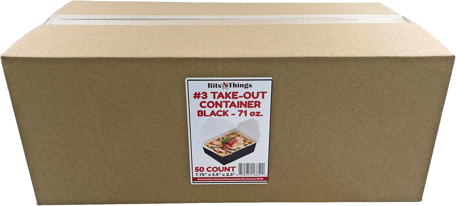 Bits N Things #3 Take-Out Container 71 oz. | Black Microwavable Folded Paper | 7.75" x 5.5" x 2.5" | 50 Count