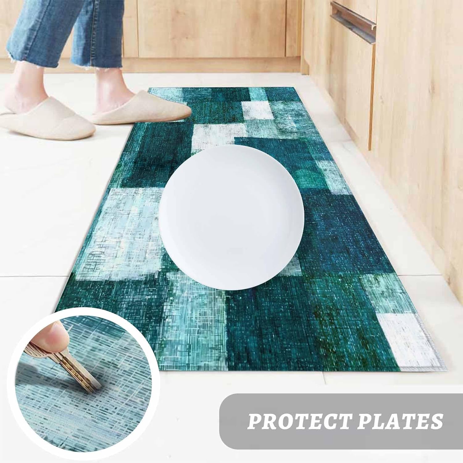 Teamery Kitchen Mats for Floor Gradient Turquoise White Washable Non Slip Kitchen Rugs 1PCS, Abstract Oil Painting Art Absorbent Standing Mats for Sink Bathroom Office Living Room 15.7x47.2in